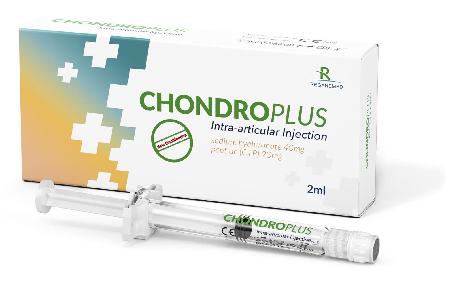 Chondroplus intra-articular injection: a 2 ml prefilled syringe of hyaluronic acid with collagen tripeptide beside its carton